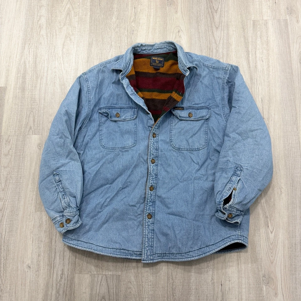 Vintage Woolrich Blanket Lined Denim Shacket Large Jean Shirt Jacket Fleece  - Image 1 of 4