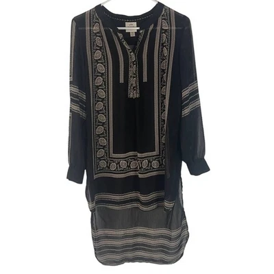 Top túnica transparente Knox Rose XS negro estampado alto bajo boho mangas con lengüeta enrollable  Foto 1 de 4