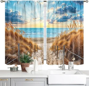 Beach Ocean Sea Theme Kitchen Curtains Nautical Coastal Small Short Cafe Window - Picture 1 of 8