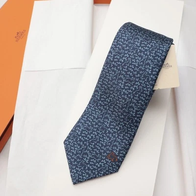 Hermès Azul Marino Corbata Seda Hombres Conejo Logo Francia Cajas 123538 - Imagen 1 de 4