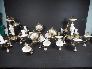 Vintage Set Ceramic & Brass 3 Wall Lights & 2 x 5 Arm Chandleries (Capodimonte?) - Picture 1 of 21