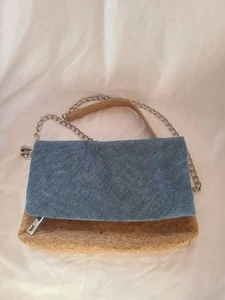 Chicos Umhängetasche Denim Kork Holz Überschlag Kettenriemen Neu ohne Etikett Vintage - Bild 1 von 9