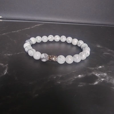 Serenity Stone Stretch Bracelet White Howlite with Etched Silver Spacer 7.5" - Image 1 of 4