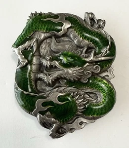 1984 Bergamot Brass Works MYTHICAL DRAGON Green Enamel Pewter Belt Buckle L-149 - Picture 1 of 6