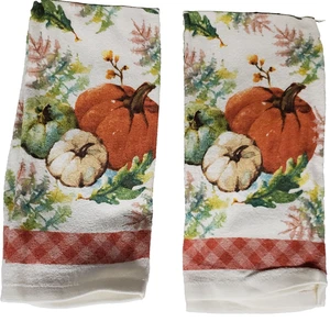 Set of 2 Same Printed Kitchen Towels(15"x25") FALL LEAVES & COLORFUL PUMPKINS,MS - Picture 1 of 8