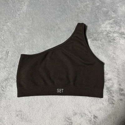 Set Active Tank Top Sz M Womens Brown One Shoulder Ribbed Microfiber Nylon Crop - Image 1 of 4