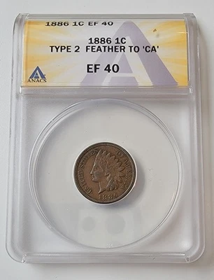 1886 Indian Head Cent 1C, XF 40 ANACS, Type 2 Feather to CA - Image 1 of 4