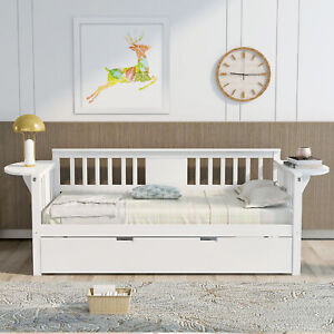 Twin Wooden Daybed with Trundle Bed , Sofa Bed for Bedroom Living Room, White