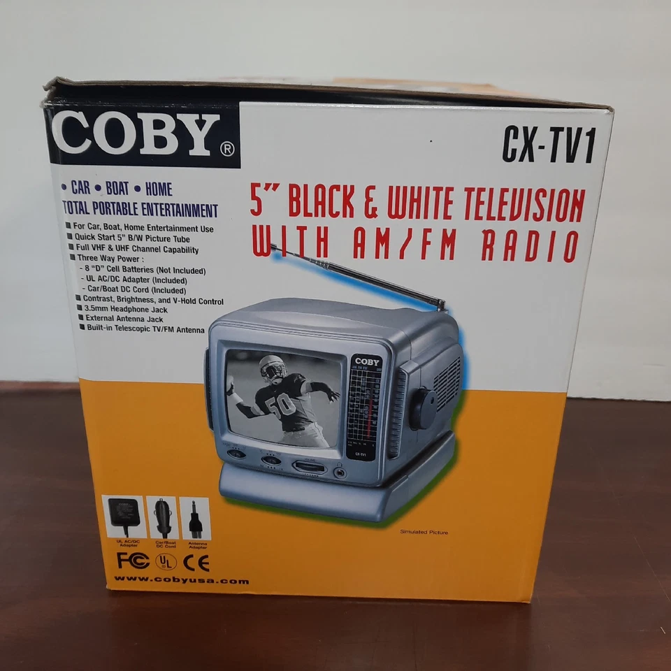 Coby CX-TV1 5" Black & White Television With AM/FM Radio New In Box NOS - Image 1 of 4