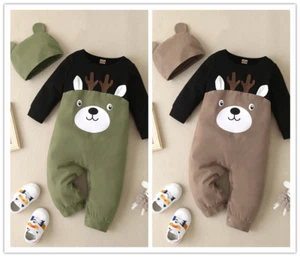 XMAS Baby Boys Girls Romper Jumpsuit Hats Outfits Newborn Playsuit Party Clothes - Picture 1 of 13