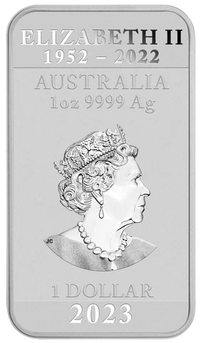 The effigy of Queen Elizabeth II on Bar DRAGON Coin 1oz $1 Silver Bullion 2023 Cover
