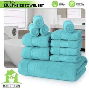 11Pcs Soft Absorbent Towel Set 100% Cotton Bath Towel+2 Hand Towels+8 Washcloths - Picture 1 of 12