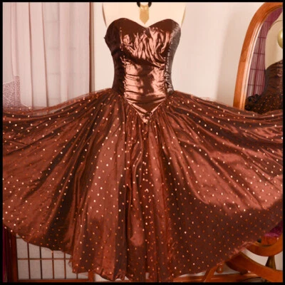 vtg 80s BRONZE BUSTLE tulle sweep METALLIC swiss dot fairy costume DRESS s - Image 1 of 4