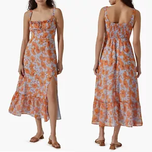 NUEVO VESTIDO ASTR The Label RETRO Azul y Naranja FLORAL Volantes Dobladillo Ranura Midi S - Imagen 1 de 16