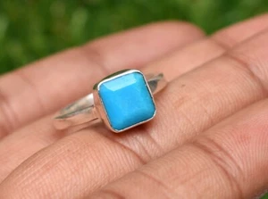 925 Sterling Silver Natural Sleeping Beauty Turquoise Square Shape Ring Size 7 - Picture 1 of 12