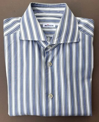KITON Camicia elegante in pregiato cotone, colletto largo, righe blu/grigio/bianche, L/S 15,5 - Immagine 1 di 4