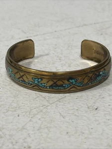 Brazalete Brazalete Vintage Hecho a Mano Firmado Nakai Navajo Incrustación Tono Dorado Cobre Turquesa - Imagen 1 de 5