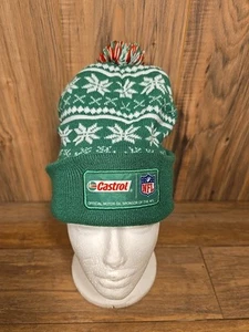 Castrol Oil NFL Winter Beanie Cap Hat Pom Pom  Snowflake Reindeer Holiday Green - Picture 1 of 5