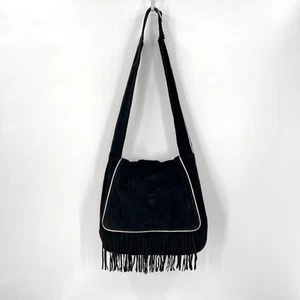 JOES JEANS Suede Fringe Flap Bag Womens Large Black Silver Shoulder Crossbody - Picture 1 of 15