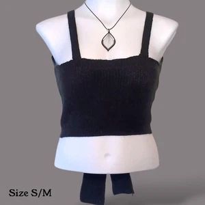 Schwarz Häkel Rippstrick Tie-Back Verschluss ärmellos Taillenbund Crop Tank Medium - Bild 1 von 7
