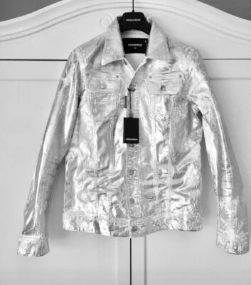 Dsquared2 Silver Metallic Coated Distressed Denim Jacket - Made In Italy - Image 1 of 4