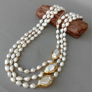 3 rows Cultured Baroque Pearl Necklace Keshi Pearl Gold Plated Connector 20" - Picture 1 of 7