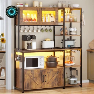 Bakers Rack with Power Outlet and LED Light 45.3 Inch Farmhouse Coffee Bar Cabin - Picture 1 of 8