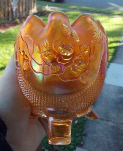 Marigold Carnival Glass Northwood Fine Cut & Roses 3 footed Rose Bowl Antique - Picture 1 of 5