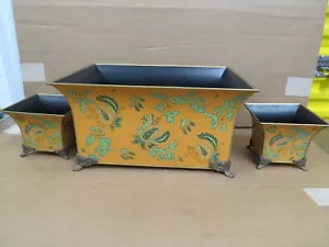 Vintage 3 pc. Matched Foreside Tole Metal Floral Footed Planters India - Picture 1 of 18