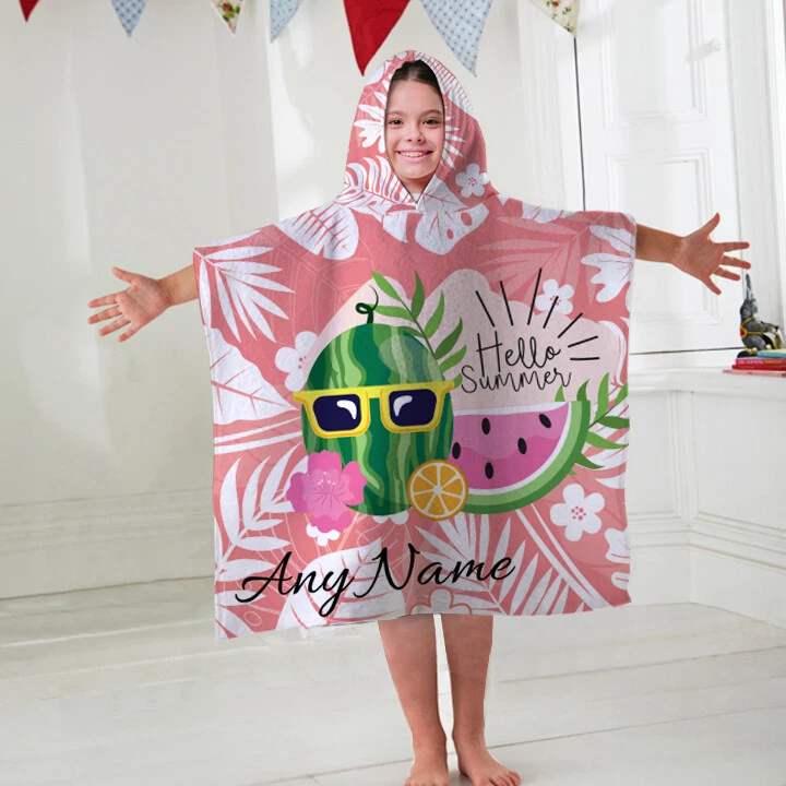 Toalha de banho infantil personalizada com capuz Hello Summer rosa roupão de banho infantil  - Imagem 1 de 3