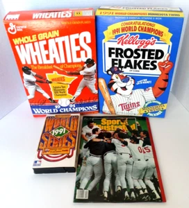 MN Twins 1991 World Series Champions Lot of 4 Empty Cereal Boxes, VHS, Magazine - Picture 1 of 8