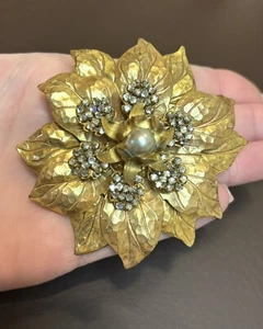 HUGE Signed Miriam Haskell Gold TONE Faux Pearl Rhinestone Brooch Pin Vintage - Picture 1 of 10