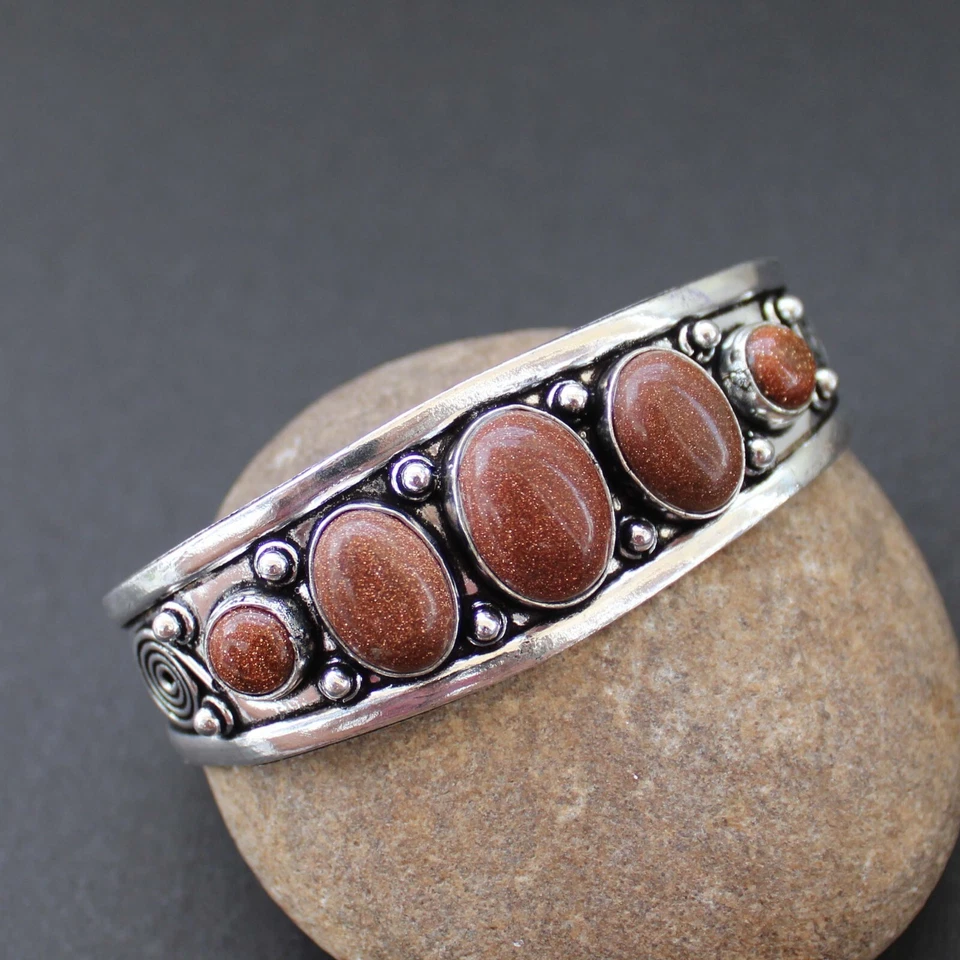 Sunstone Cuff Bangle Sunstone Bracelet 925 Silver Plated Handmade Jewelry - Image 1 of 4