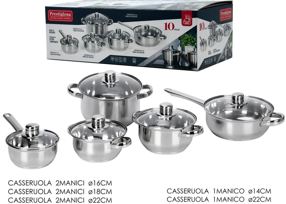 BATTERIA DI PENTOLE 10 PZ IN ACCIAIO CON COPERCHIO IN VETRO TEMPERATO E VALVOLA - Immagine 1 di 1