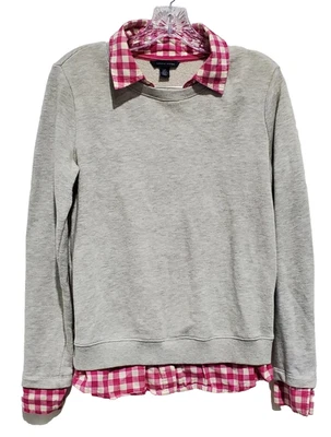 Tommy Hilfiger Sweatshirt Womens  S/P Gray Plaid Pink White Faux Button Down - Изображение 1 из 4