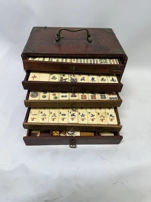 Mahjong Set In Wooden Cabinet antique original Bone On Bamboo Tiles - Image 1 of 4