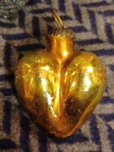 Antike schöne goldene Kugel Herz Weihnachtsschmuck, mundgeblasenes Merkur Glas,  - Bild 1 von 13