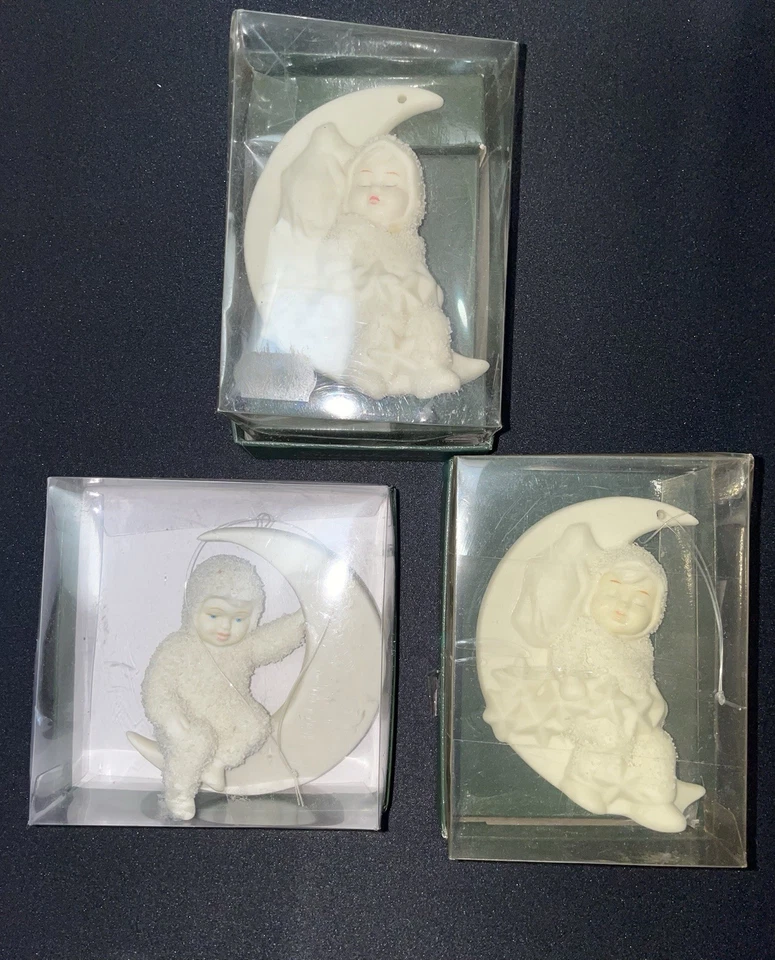 Lote de 3 adornos vintage 1990 Dept 56. Dos rayos Rock-A-Bye Baby y One Moon Foto 1 de 4