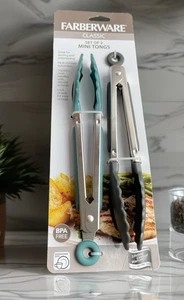 Farberware Cooking Mini Tongs Dark Grey & Teal Silicoone Tip Stainless Steel 8" - Picture 1 of 5