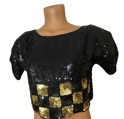Blusa Camisa Top Corta 100% Seda Años 80 De Colección Negra Dorado Cuadros NOS M Foto 1 de 4