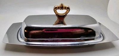 Plato de mantequilla vintage Kromex cubierto de cromo con remate de latón años 60 Foto 1 de 3