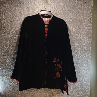 Chico's Velvet Jacket Silk Asian Floral Lined Embroidered 1, Medium Knot Button - Image 1 of 4
