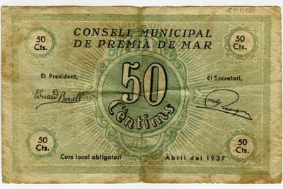 ☆ SPAIN CIVIL WAR 1937 • PREMIA MAR 50c MUNICIPAL ☆ GUERRA CIVIL ESPAÑOLA ☆D1632 - Image 1 of 2