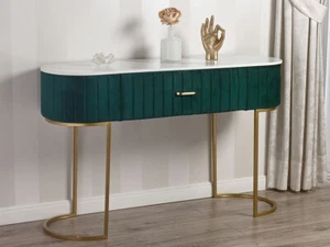 Consolle Kim in velluto verde e metallo dorato top effetto marmo stile Art Déco - Foto 1 di 4