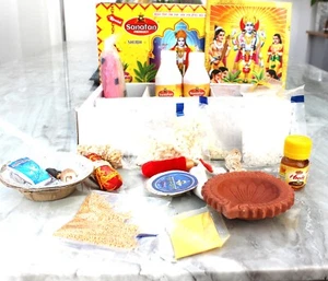 SATYA NARANAYAN MAHA PUJA KIT RANGOLI GANGA JAL DEEYA MOLI KAPOOR KUMKUM JANEU - Foto 1 di 6