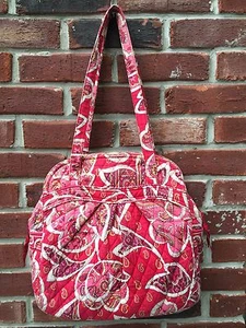 Vera Bradley Retired Print Paisley Red Tote Medium Handbag Front Pocket - Picture 1 of 11