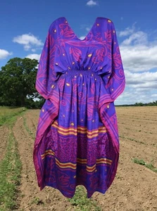 Women Boho Beach Kaftan Violet Purple Floral Maxi Caftan Coverup Dress L-2XL - Picture 1 of 4