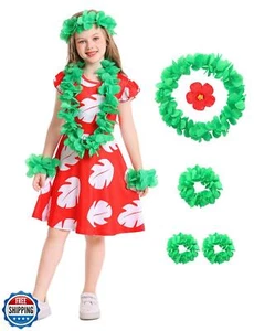 Anjite Girls Red Hawaiian Style Princess Dress with White Leaf Print - Includ - Picture 1 of 5