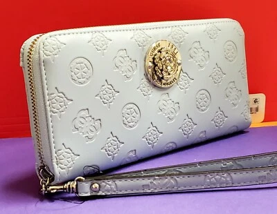 GUESS Bolso de Mano Cremallera Alrededor Cartera Muñequera Cuero Azul Claro Repujado Logo Dorado  Foto 1 de 4
