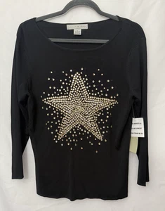 NWT Lucia Burns Fine Knit Top Black Gold Sequin Star Long Sleeve Womens Size XL - Picture 1 of 9
